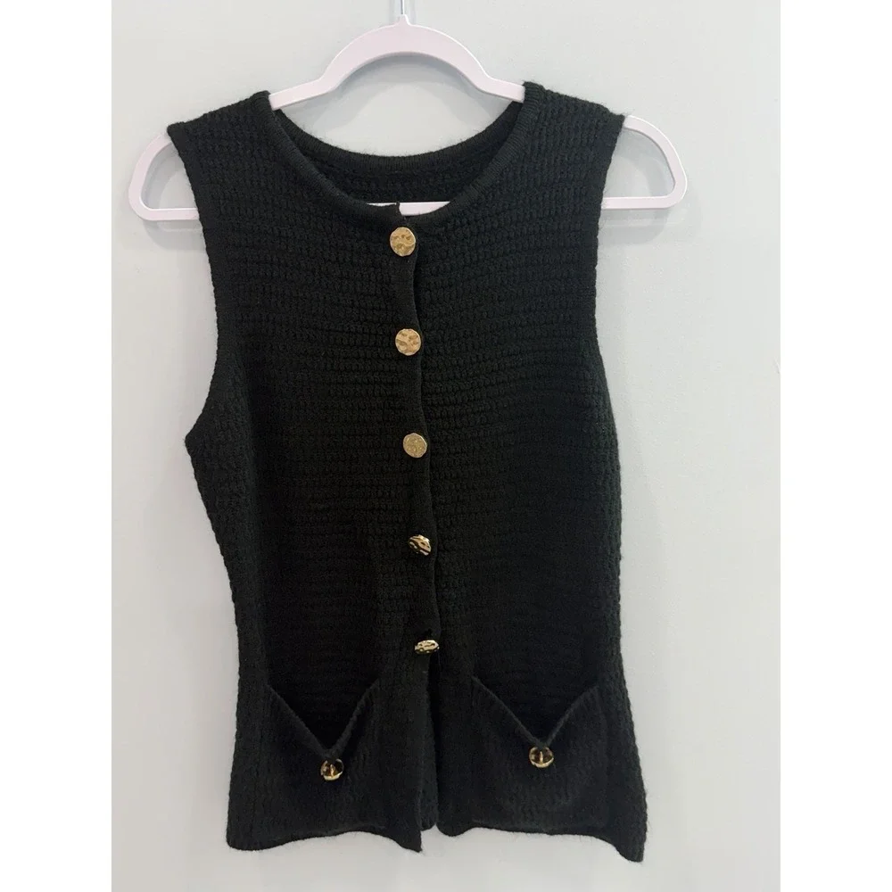 SHEIN Black Knit Sweater Vest Large Gold Button Sleeveless Pocket Accent Top